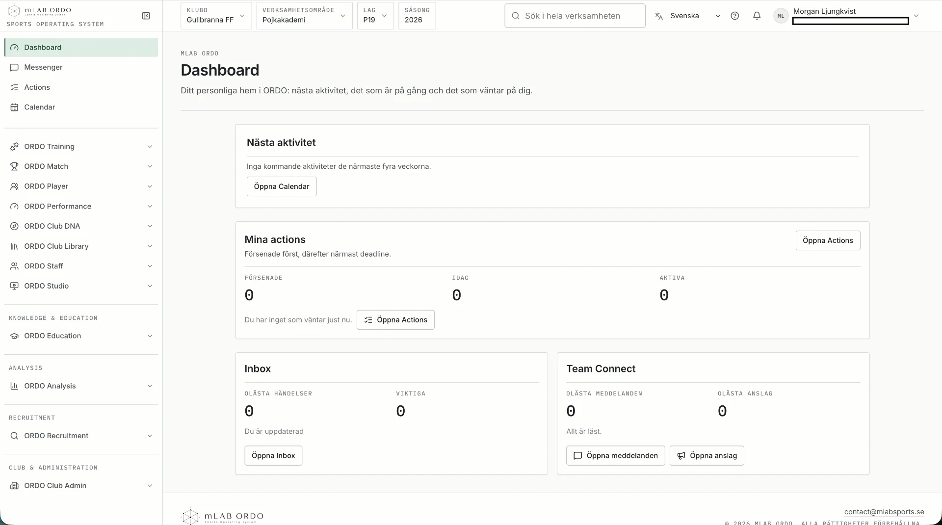 ORDO:s översikt med nästa aktivitet, actions, inbox och Team Connect